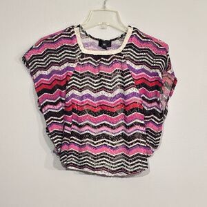 IZ by Amy Byer Girls Lined White Black Pink Striped Poncho Top shirt M 10/12